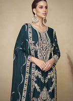 Vegaa Fashion Aqua Blue Embroidered And Hand Work Kurta Palazzo Suit - Distacart