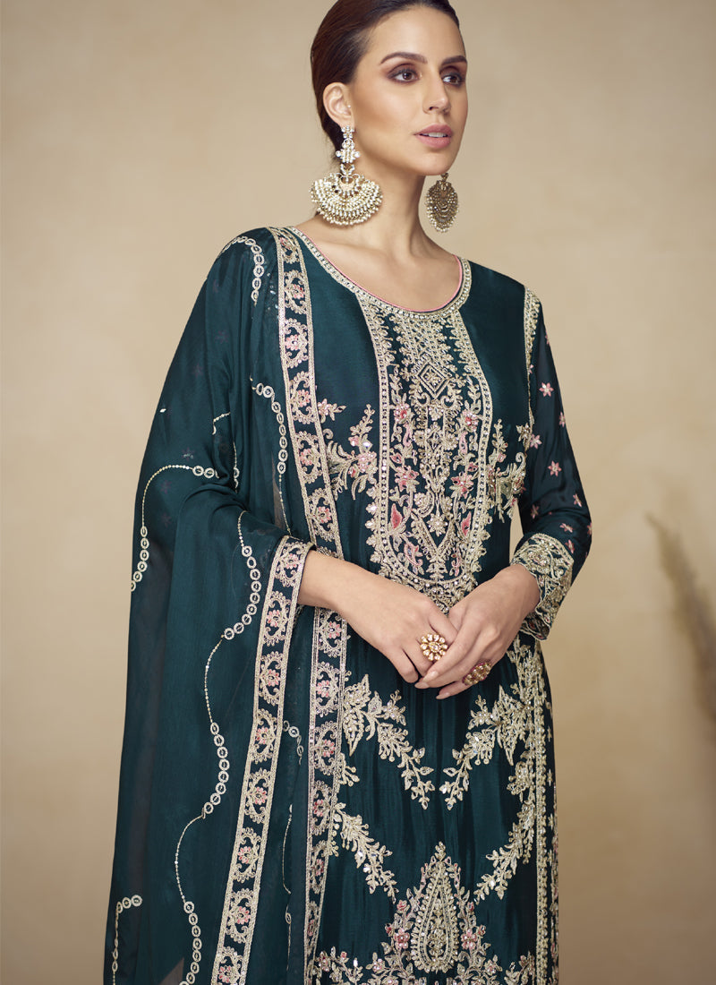 Vegaa Fashion Aqua Blue Embroidered And Hand Work Kurta Palazzo Suit - Distacart
