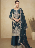 Vegaa Fashion Aqua Blue Embroidered And Hand Work Kurta Palazzo Suit - Distacart