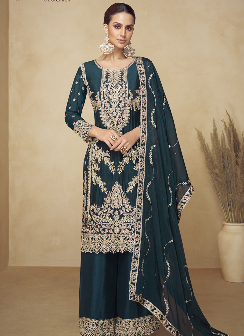 Vegaa Fashion Aqua Blue Embroidered And Hand Work Kurta Palazzo Suit - Distacart