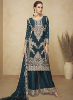 Vegaa Fashion Aqua Blue Embroidered And Hand Work Kurta Palazzo Suit - Distacart