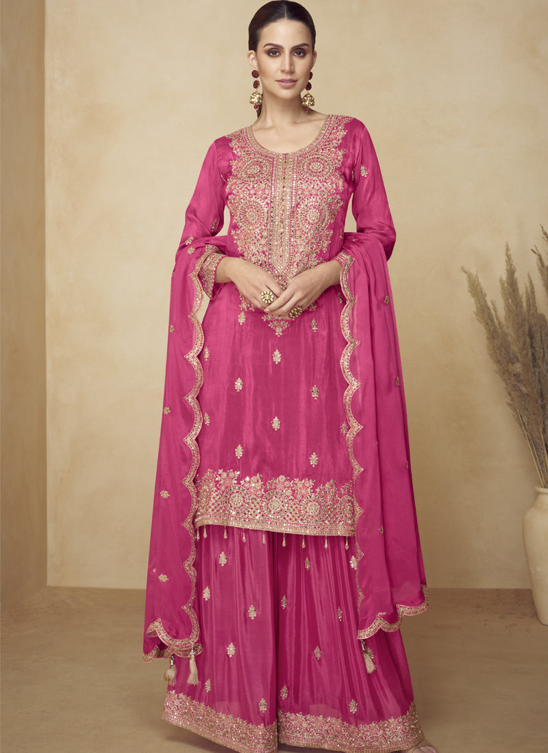 Vegaa Fashion Pink Embroidered And Hand Work Kurta Palazzo Suit - Distacart