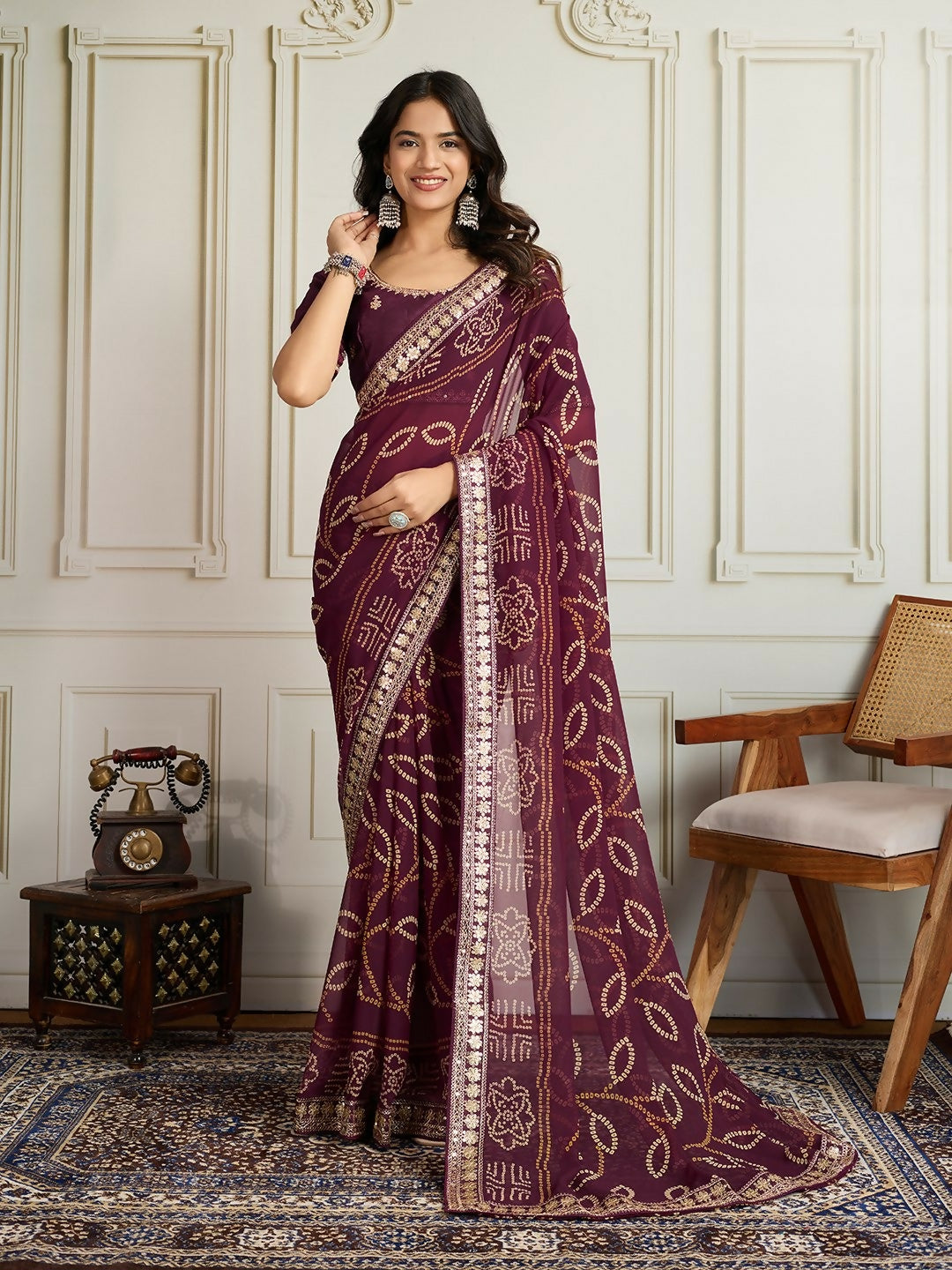 Ai Fashion Wine Georgette Rajwadi Bandhani Print Party Wear Saree - Distacart