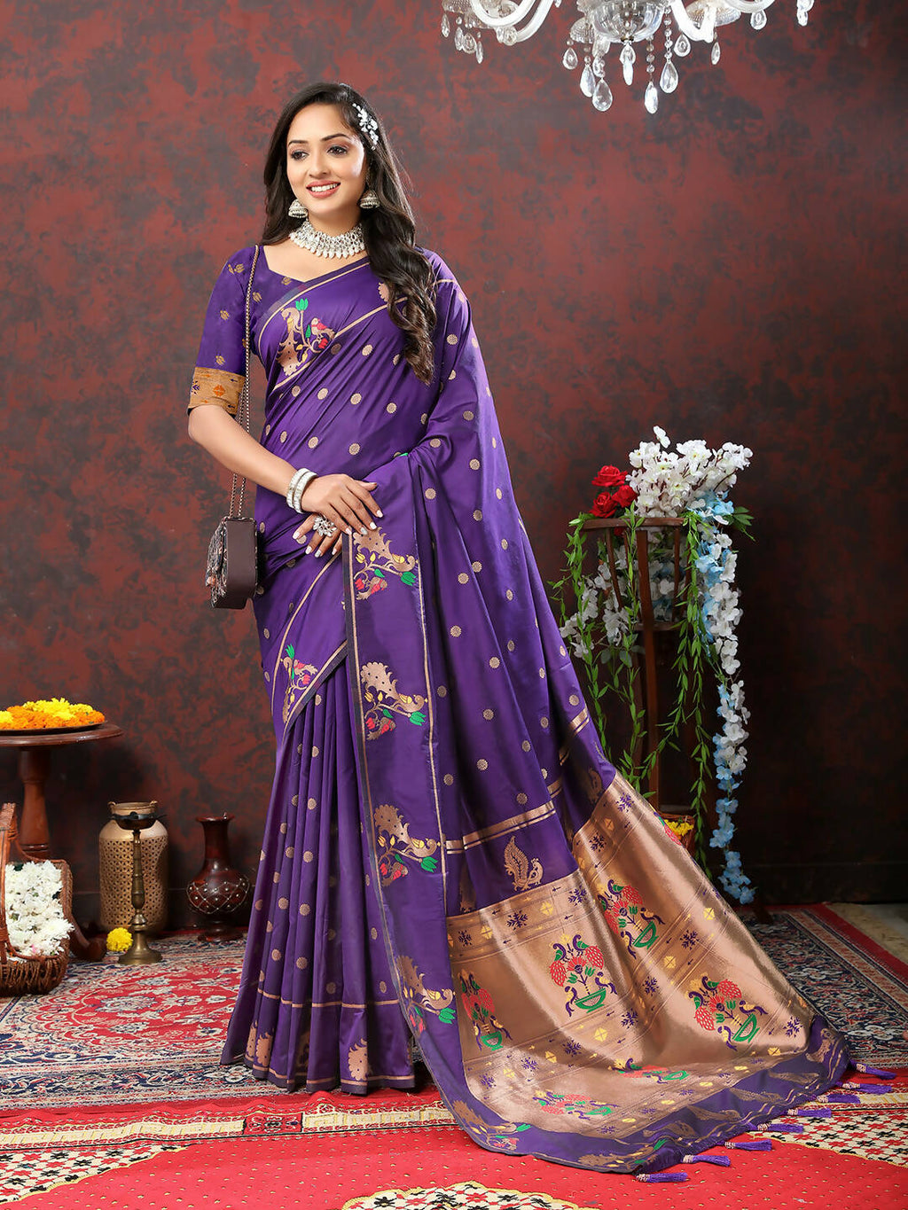 Lorenvalley Fashion Purple Soft Paithani Silk Woven Design Copper Zari Meenakari Weaving Saree