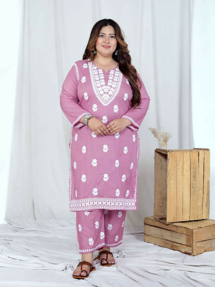 Miravan Womens Plus Size Pink Embroidered Kurta With Palazzo - Distacart