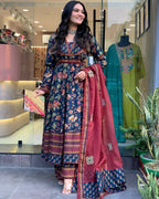 The52 Women's Beautiful Cotton Fabric Printed Work Flared Kurta Palazzo and Dupatta Set - Distacart