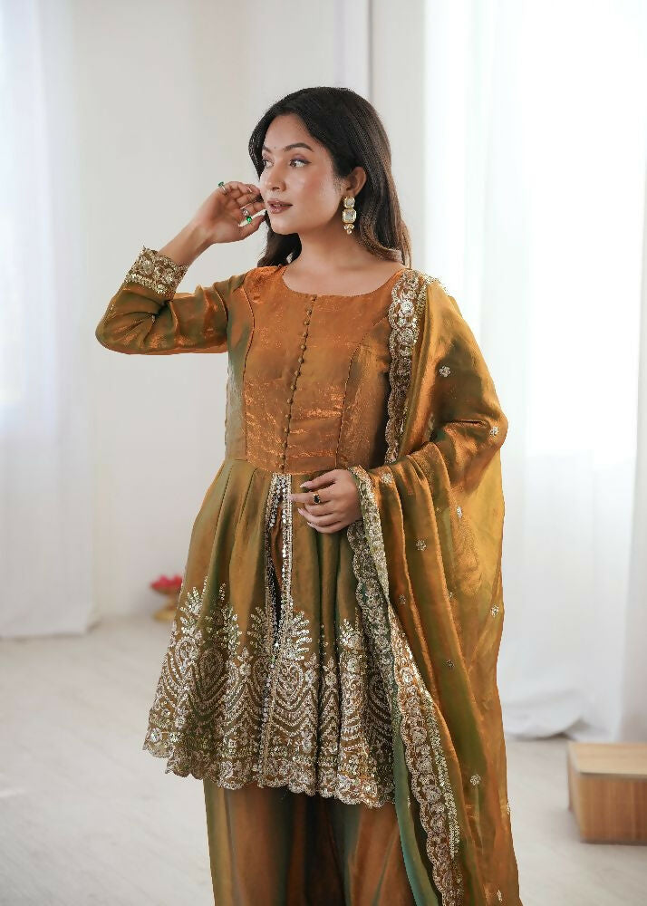 Teeya Creation Olive Color Fendy Satin Silk Embroidery Work Party Wear Salwar Suit - Distacart