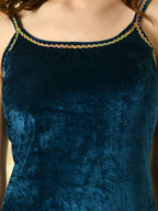 Myshka Women's Teal Velvet Kurti & Sharara With Dupatta Party Sets