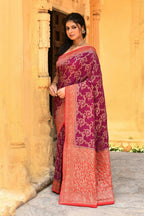 Joban Fashion Hot Pink Crepe Chiffon Pure Handloom Banarasi Silk Saree