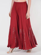 Mominos Fashion Maroon Viscose Rayon Flared Palazzo with Mirror Lace Work - Distacart