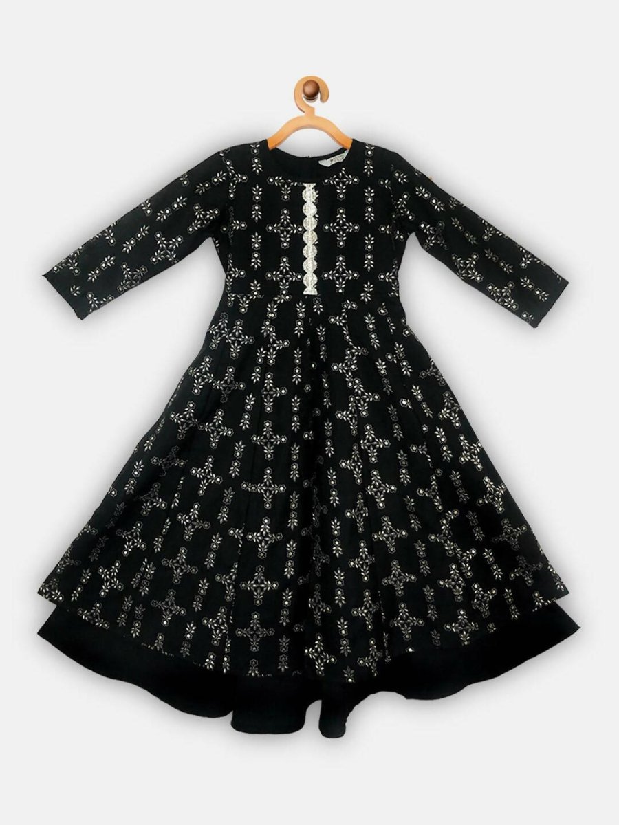 Ahalyaa Black Chanderi Gold Foil Printed Kids Dress For Girls