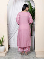 Miravan Women's Chikankari Embroidery Pink Straight Kurta & Palazzo Set