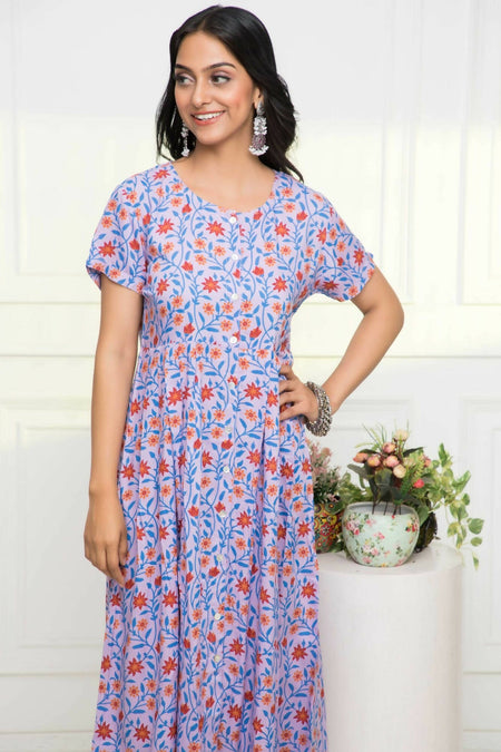 Myshka Women Purple Floral Rayon A-Line Round Neck Dress