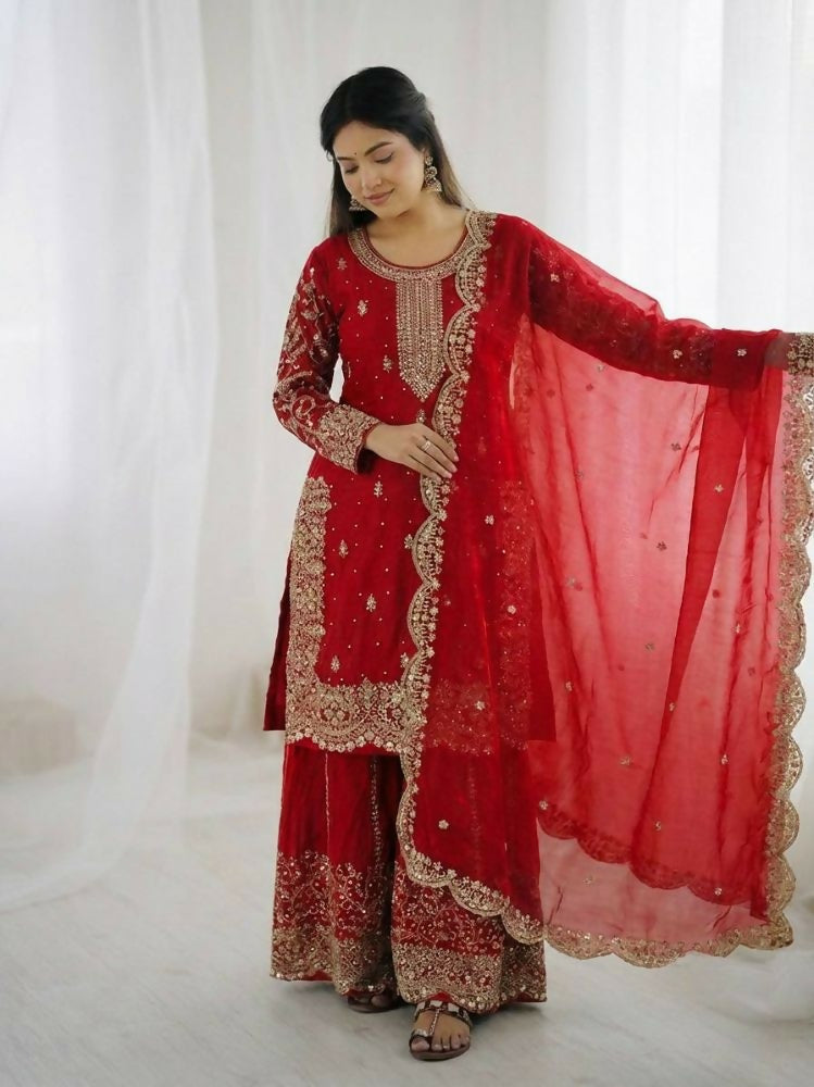 Teeya Creation Red Color Fendy Silk Embroidery Work Wedding Wear Salwar Suit - Distacart