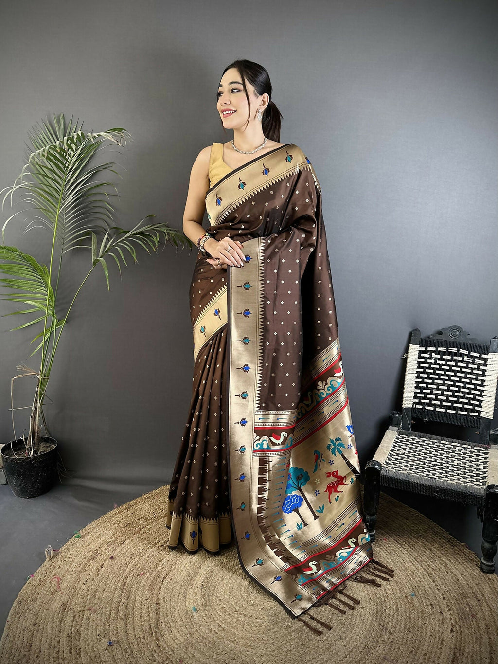 Joban Fashion Brown Peacock & Floral Motifs Soft Lichi Silk Kanchipuram Saree - Distacart