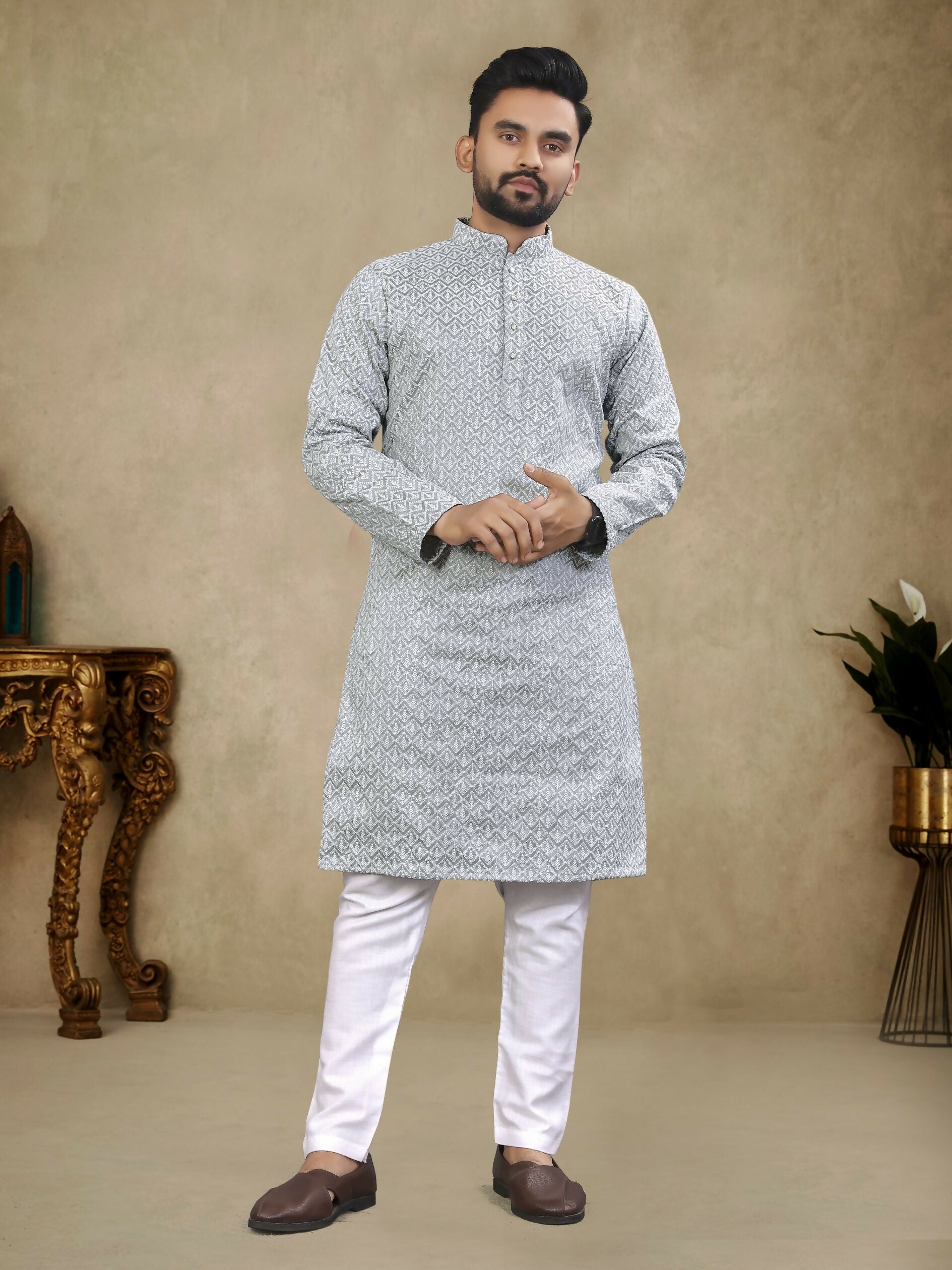 Anaita Grey Lucknowi Work Silk Straight Kurta