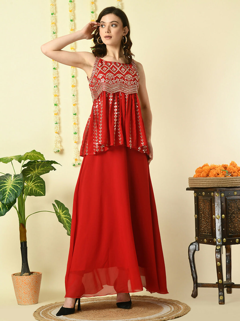Myshka Women's Red Georgette Top With Skirt Party Sets