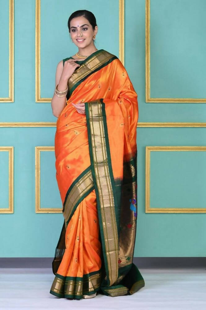 Very Much Indian Authentic Pure Silk Handloom Orange Maharani Paithani - Distacart