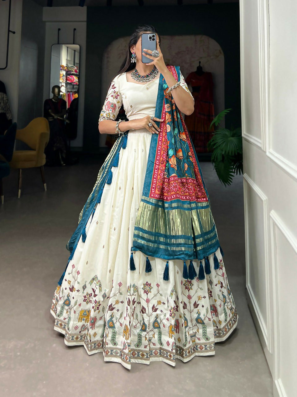 Vastranavya Traditional Special Khadi Cotton Sequins And Thread Embroidery Work Lehenga with Unstitched Blouse - White