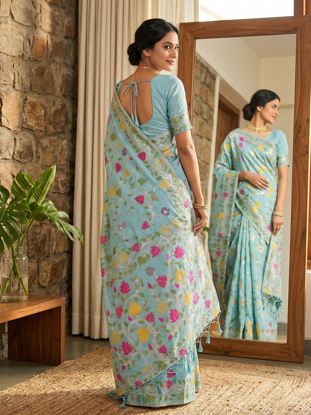 Shree Shyam Fashion Sky Blue Linen Cotton Saree - Distacart