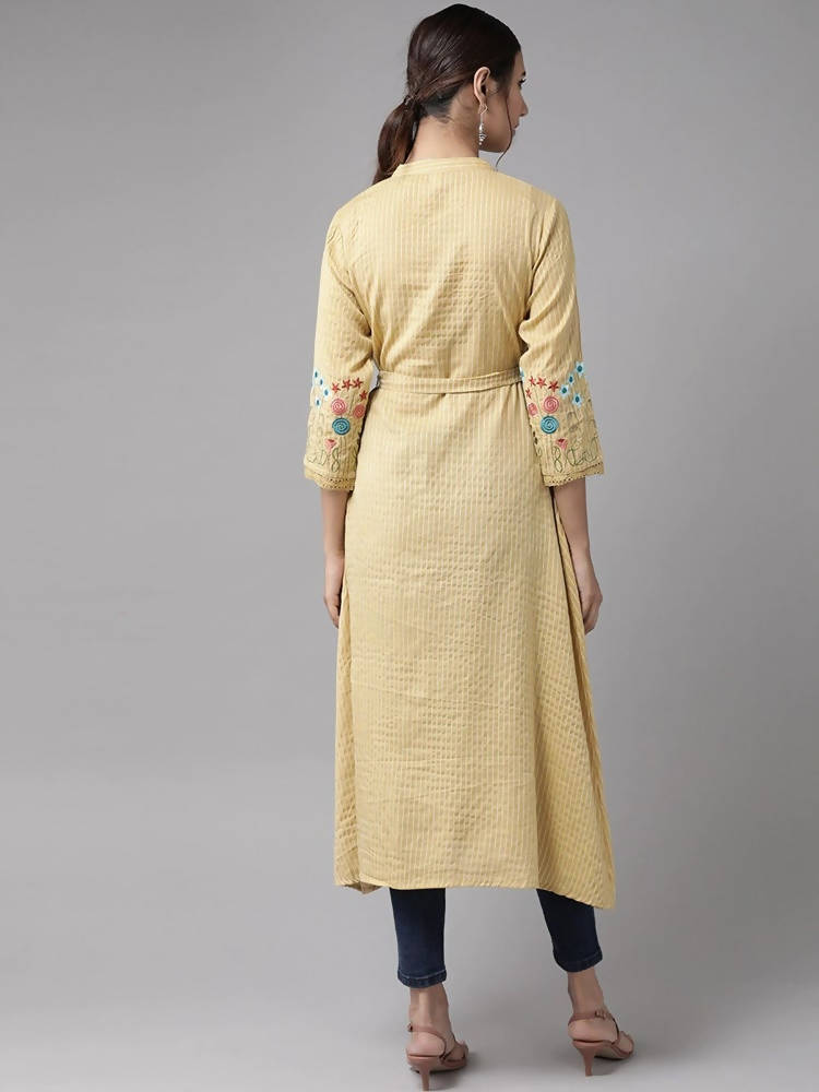 Yufta Women Beige & Off White Striped Thread Work A-Line Kurta With Belt