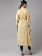 Yufta Women Beige & Off White Striped Thread Work A-Line Kurta With Belt