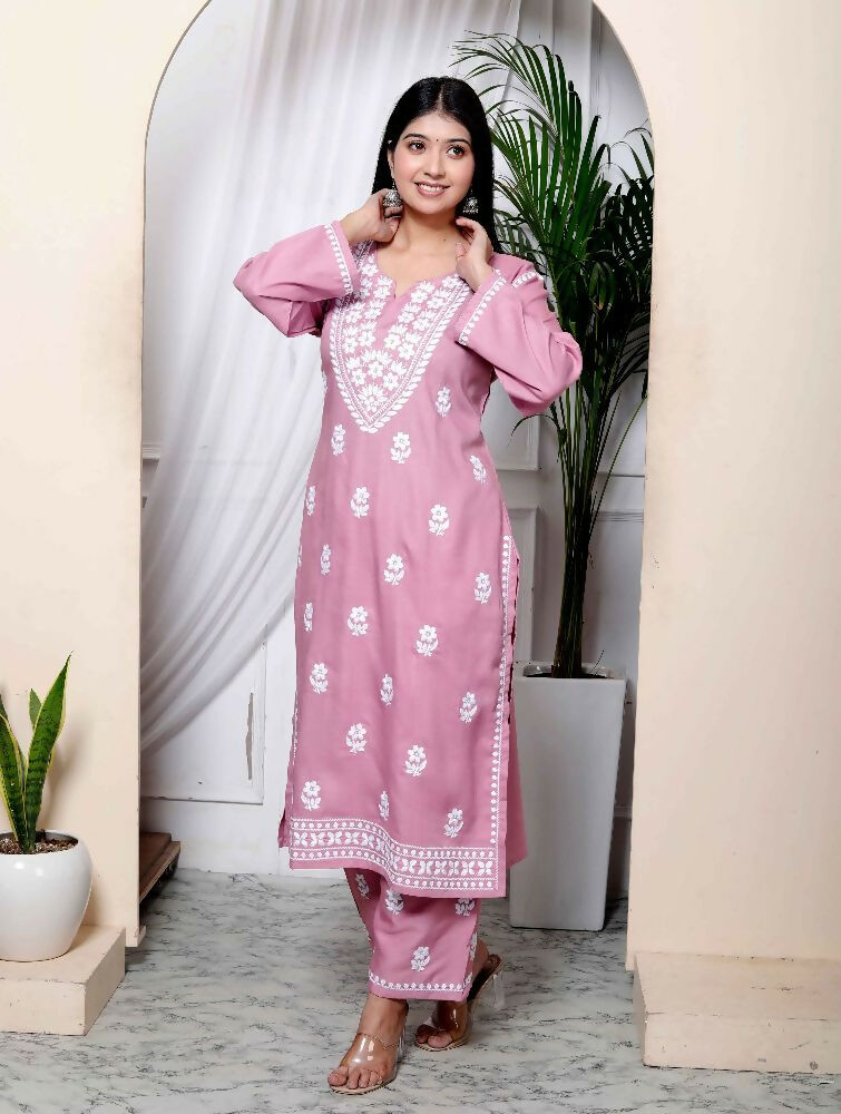 Miravan Womens Pink Embroidered Kurta With Palazzo - Distacart