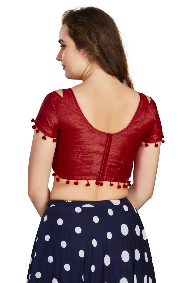 Aastha Fashion Women's Maroon Art Silk Pom Pom Lace Readymade Blouse