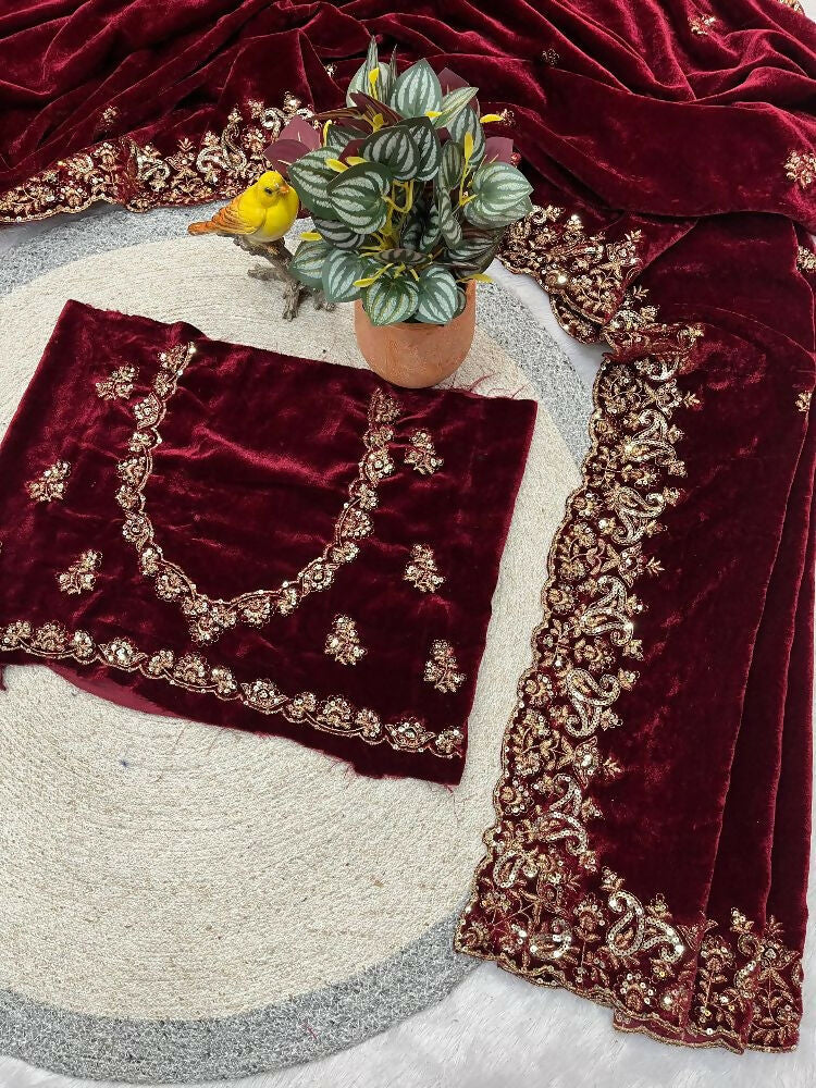 Joban Fashion Maroon 9000 Velvet Party Wear Sarees - Distacart