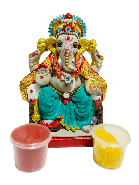 Eco-Friendly Ganesh Idol Small (Non-Toxic Colors) With Kumkum & Akshat - Limited Time Offer