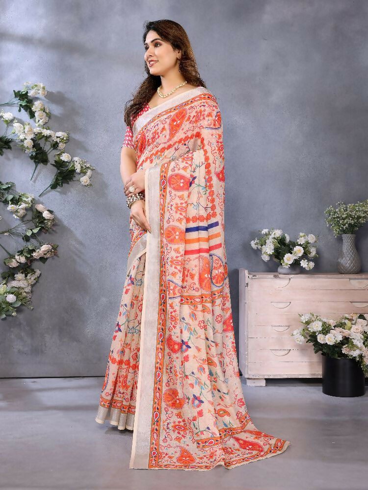 PR Fashion Orange Handloom Linen Cotton Saree