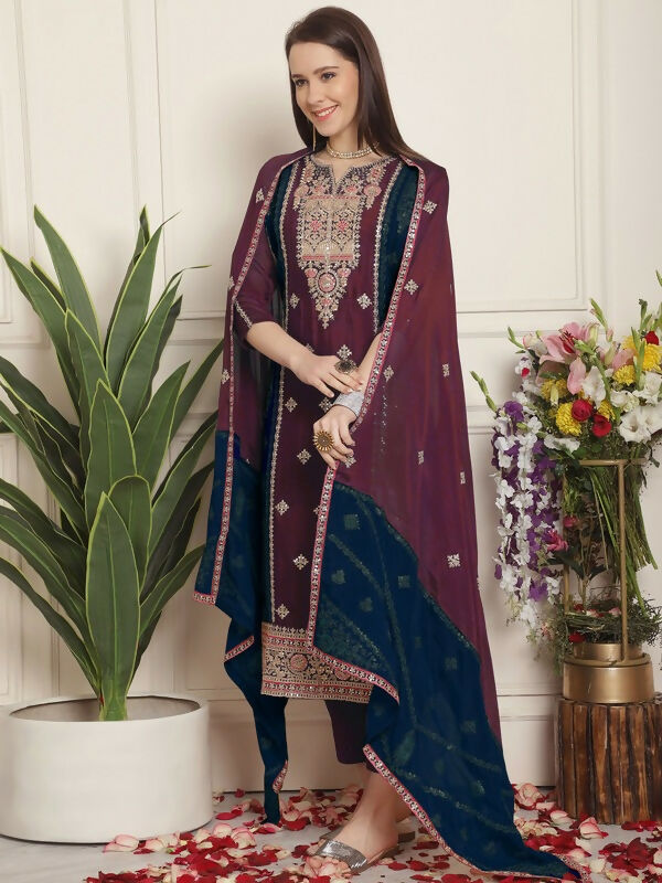 Jyoti Fashion Women's Magenta Chinon Chiffon Embroidered Designer Straight Suit Set