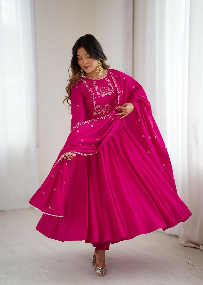 Joban Fashion Dark Pink Kurta Set Chanderi Sequence Embroidery Work - Distacart