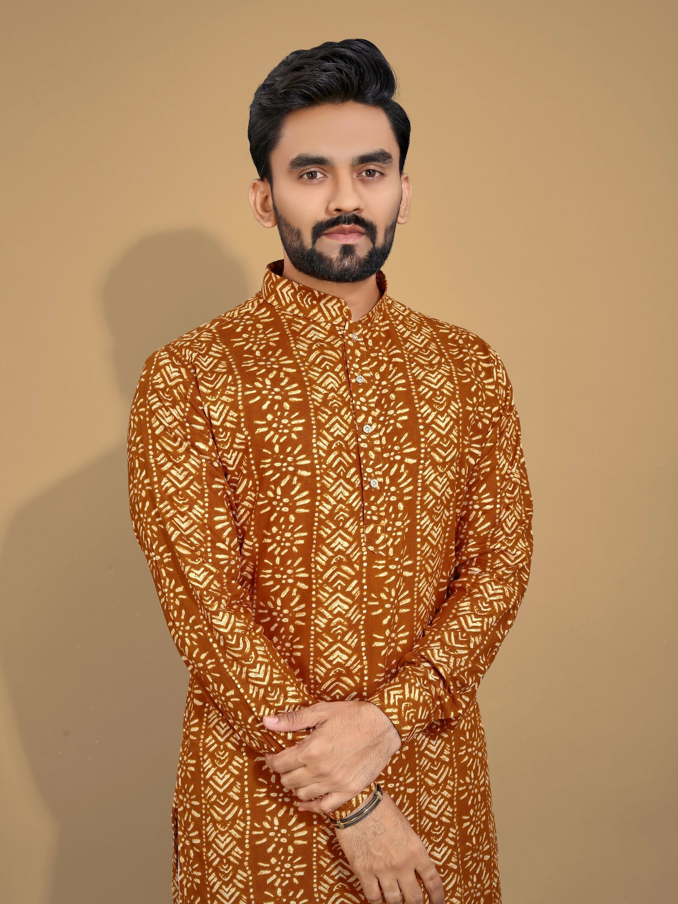 Anaita Mustard Printed Cotton Straight Kurta