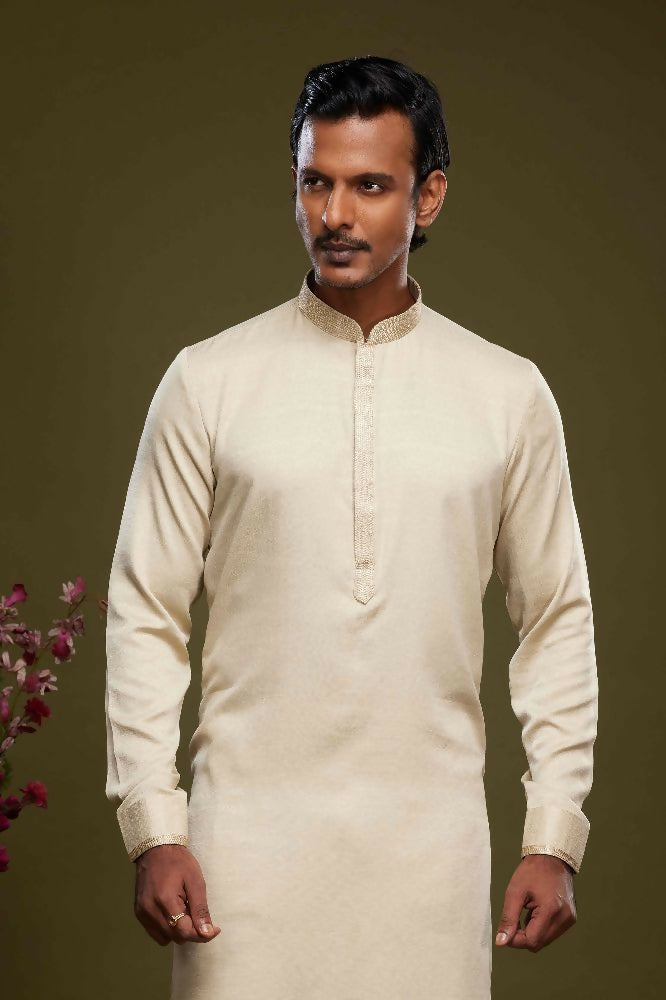 Raivat Ethnic Art Banarasi Silk Thread Work Kurta Pajama In Cream Beige Colour