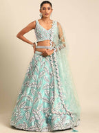House of Panchhi Turquoise Blue Organza Sequins & Zarkan embroidery Lehenga choli & Dupatta