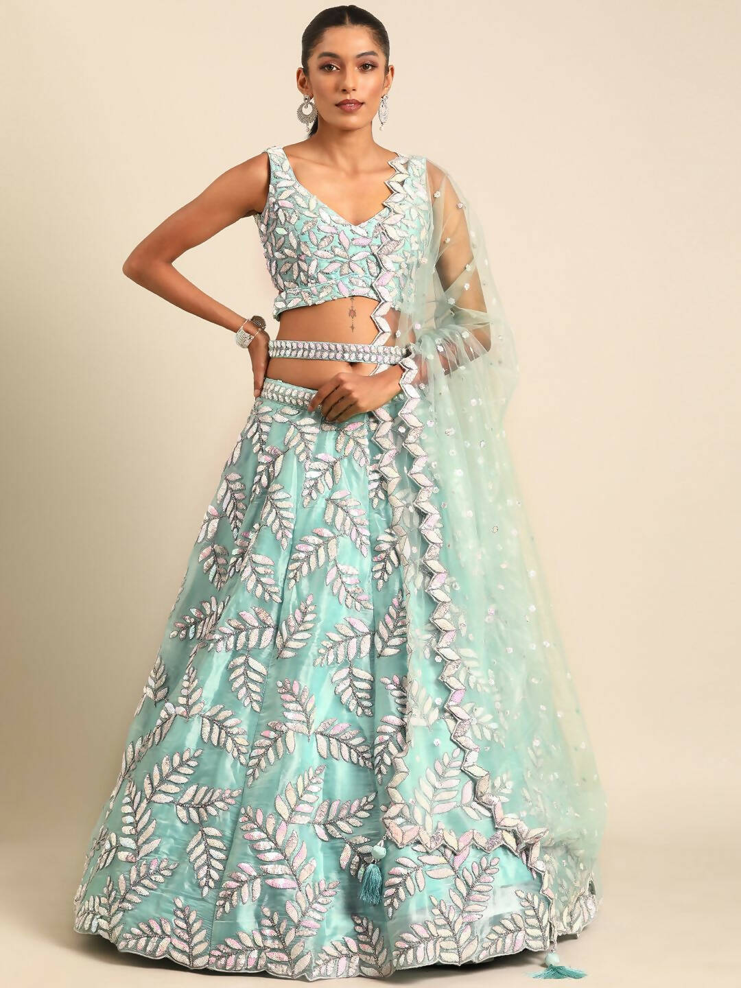 House of Panchhi Turquoise Blue Organza Sequins & Zarkan embroidery Lehenga choli & Dupatta