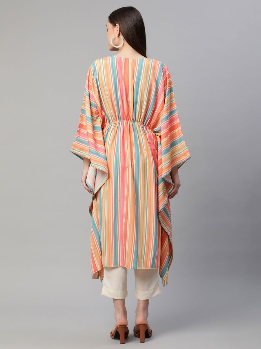 Ahalyaa Women Multi Color Crepe Striped Printed Kaftan Kurta With Trousers - Distacart