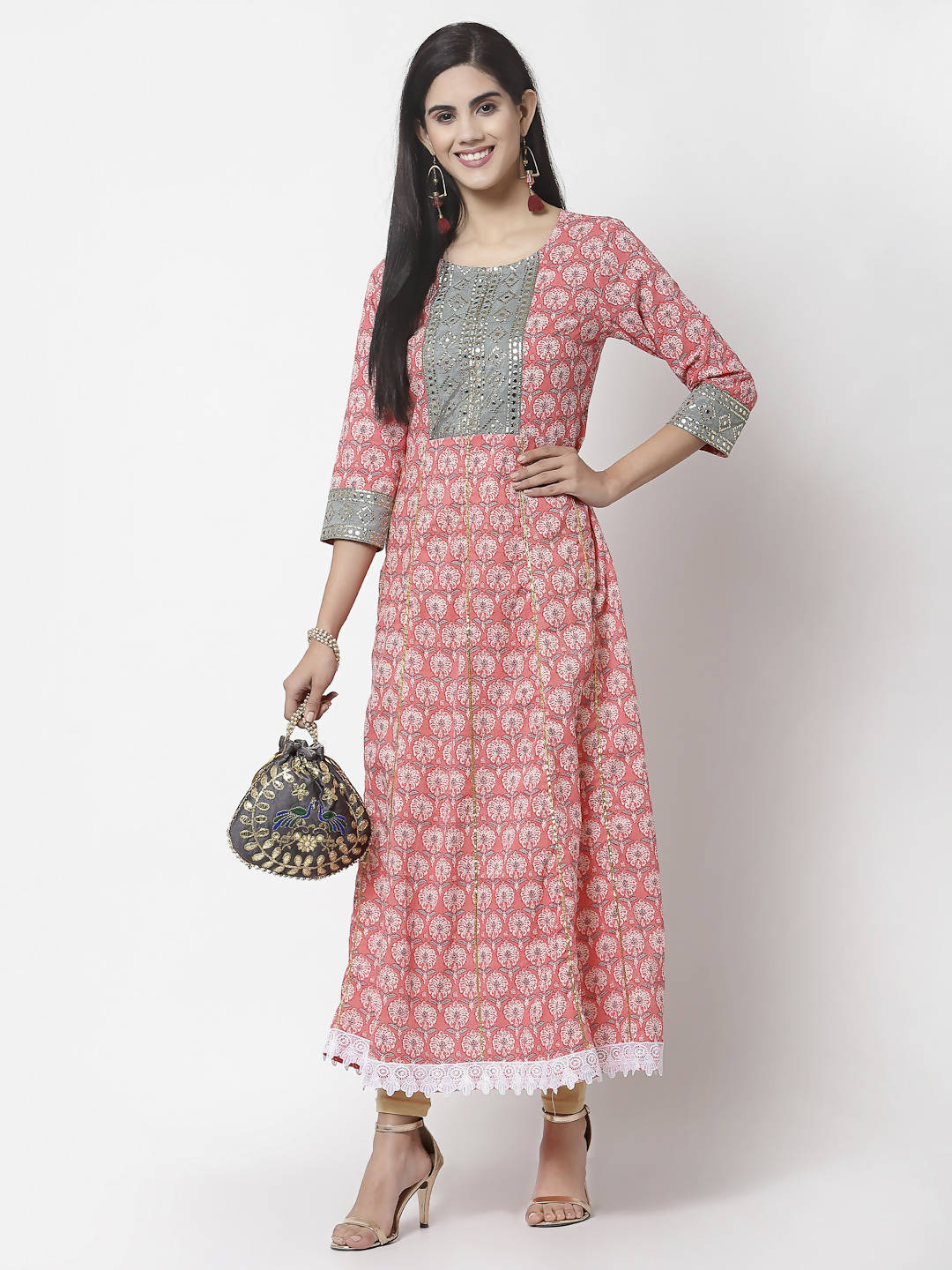 Myshka 3/4 Sleeve Pure Cotton Round Neck Printed Dress For Women