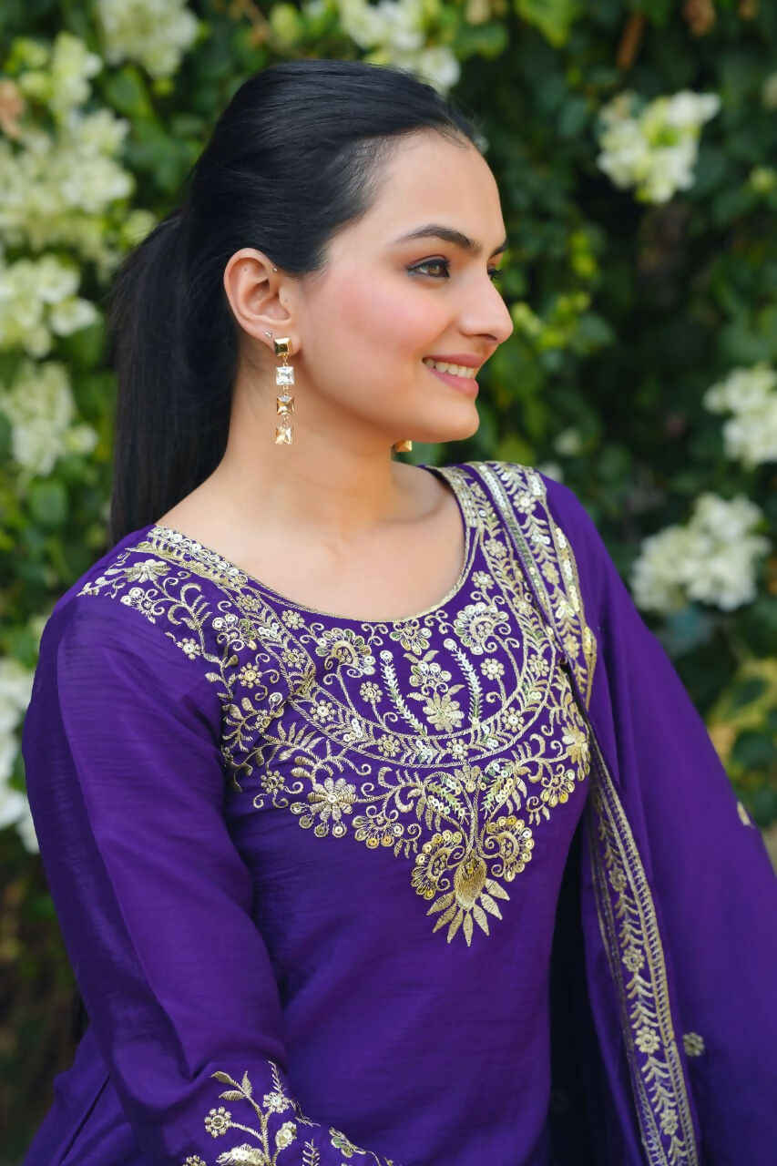 Teeya Creation Purple Color Chinon Silk Wedding Wear Trending Palazzo Set - Distacart