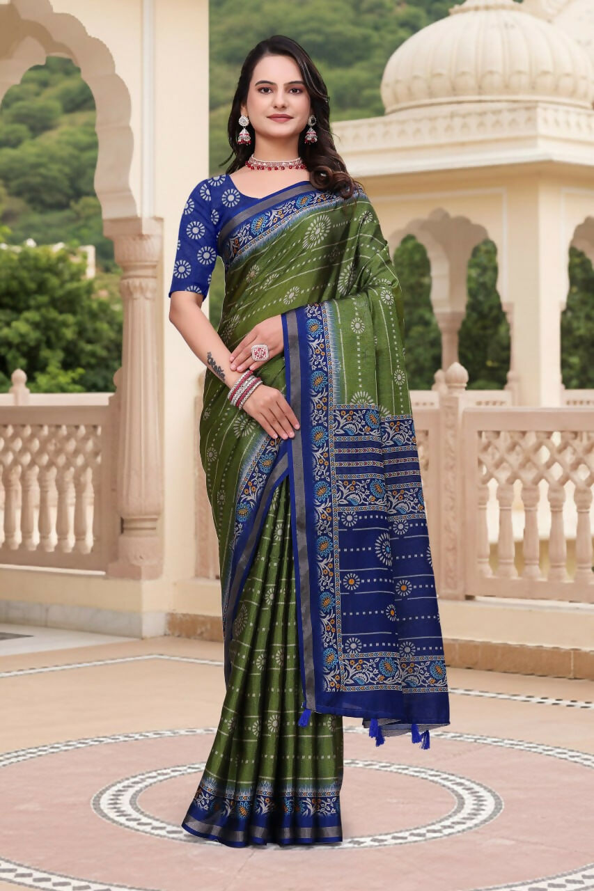 Prime Volt Women's Green & Blue Printed Mal Cotton Saree with Designer Blouse Piece - Distacart