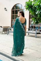Vastranavya Rama Embroidery Work Shimmer Chiffon Saree with Unstitched Blouse - Distacart