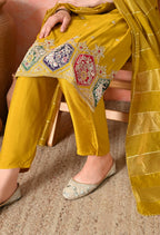 Joban Fashion Mustard Premium Pure Viscose Print Dola With Handwork Kurta Set