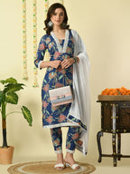 Myshka Women's Blue Pure Cotton Kurta & Trousers With Dupatta Party Sets