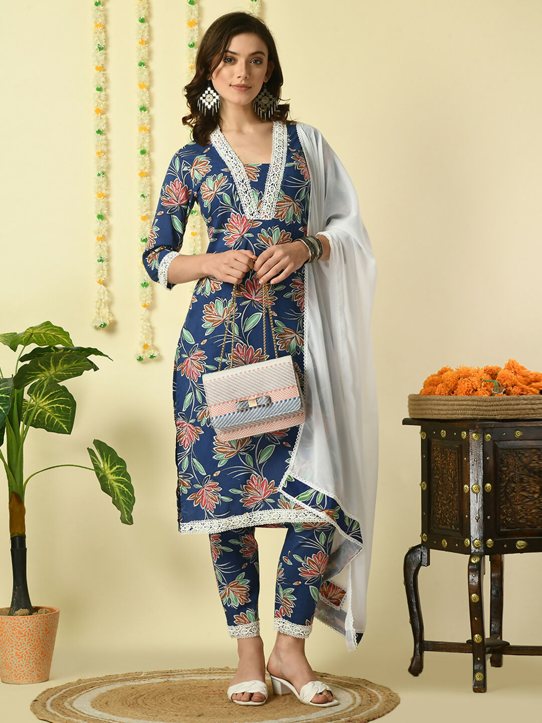 Myshka Women's Blue Pure Cotton Kurta & Trousers With Dupatta Party Sets