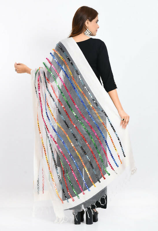 Mominos Fashion Moeza Women's Orgenza Multi Thread Mirror Work White Dupatta - Distacart