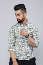 Miravan Men's White & Blue Floral Print Cotton Regular Fit Shirt