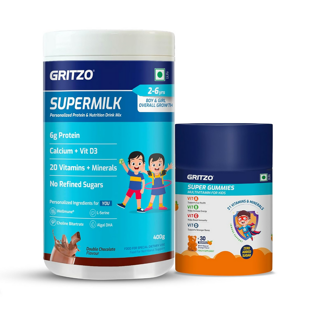 Gritzo SuperMilk Overall Growth (2-6y Boy & Girl) (Double Chocolate) with Super Gummies (Natural Orange Flavour)