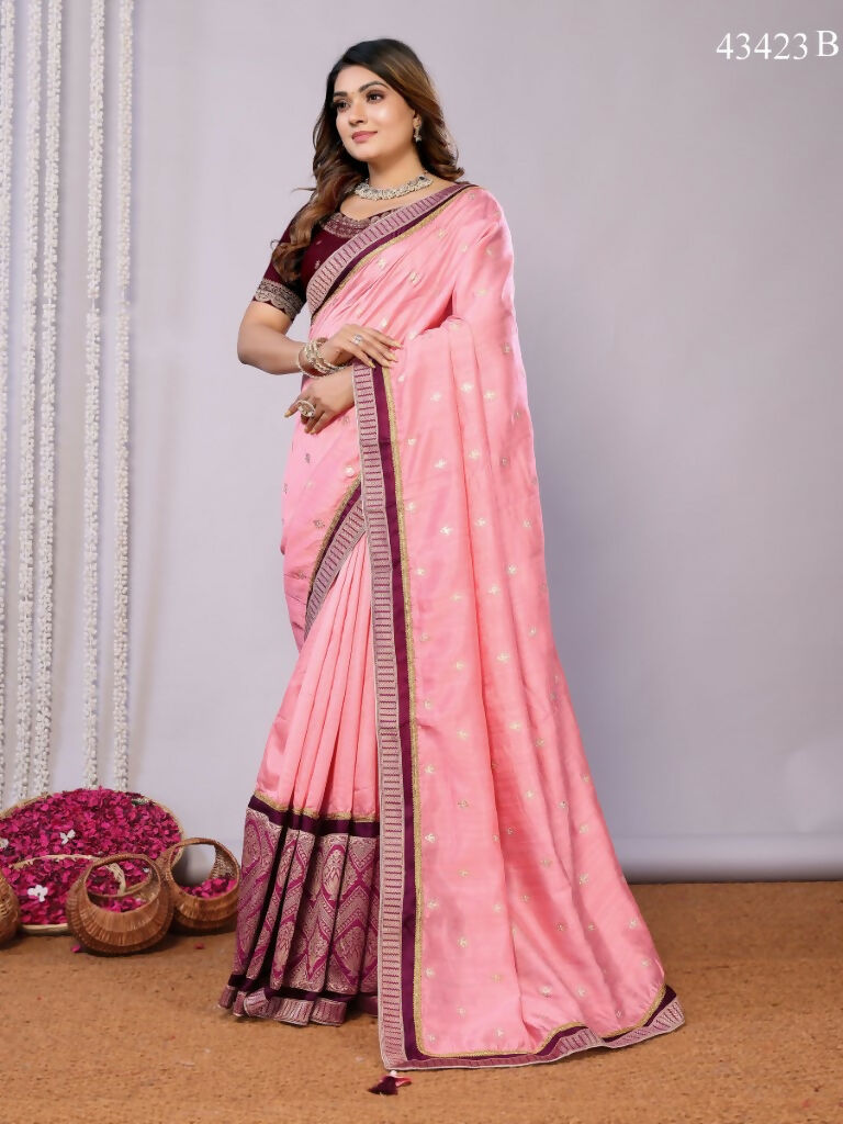 Pink Tusser Silk Zari And Sequins Embroidery Saree - Norita Saumya