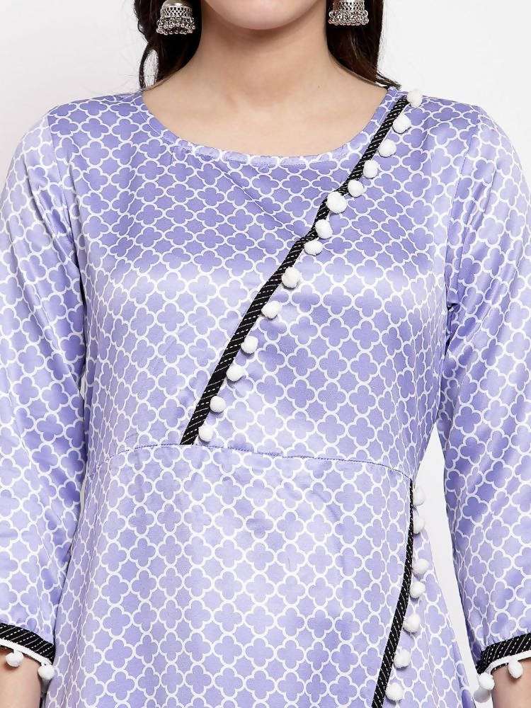 Myshka Women's Purple Silk Printed 3/4 Sleeve Round Neck Casual Anarkali Kurta Dupatta Set